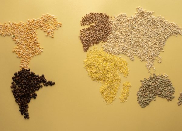 A world map creatively illustrated using diverse grains on a yellow background. Perfect for agricultural themes.